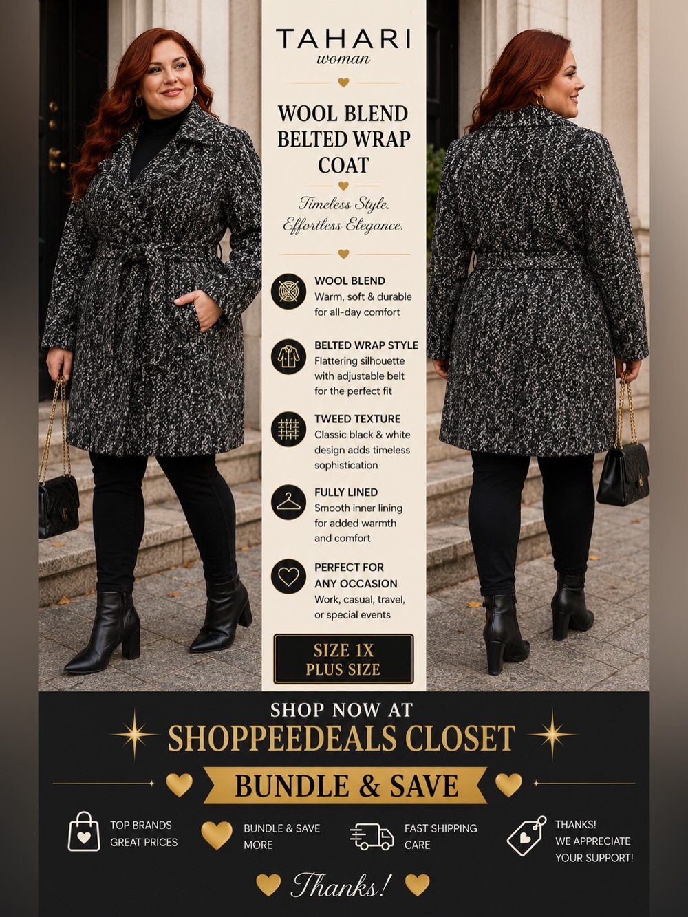 Tahari Woman Wool Blend Belted Wrap Coat – Black & White Tweed – Size 1X